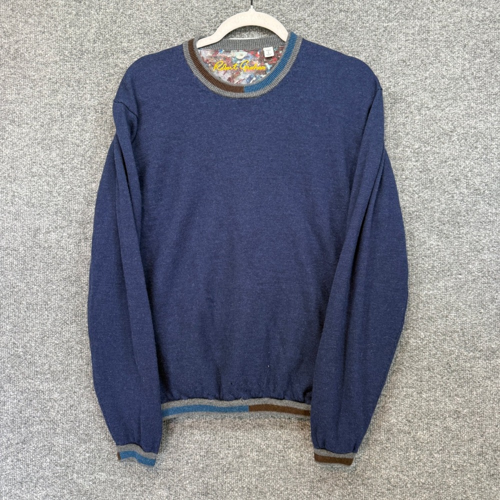 Robert Graham Sweater Mens Large Blue Wool Striped Trim Crewneck Pullover Luxury